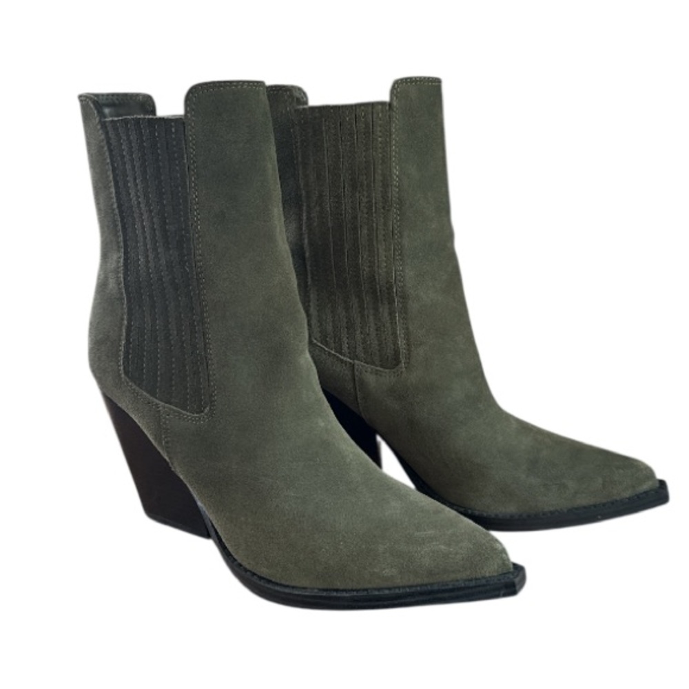 Nine West boots Olive Green Suede Ankle 10 like new pull on leather suede
